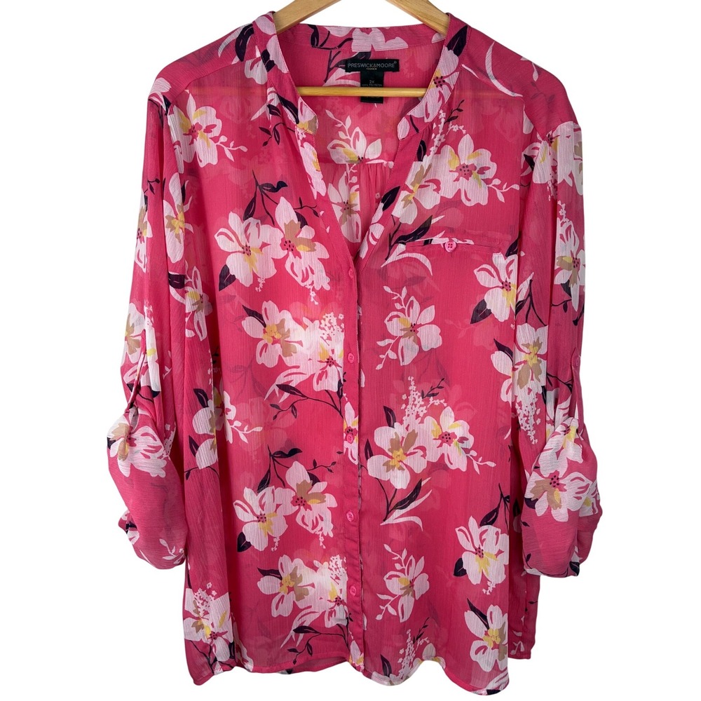 Preswick & Moore 2X Pink Floral Sheer Roll Tab Blouse Lightweight Semi Sheer Top